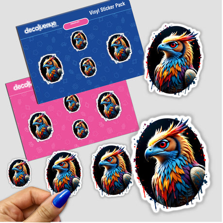 A Cool Hybrid Hawk Owl sticker featuring a detailed bird head with striking red eyes, available as a vinyl sticker or digital artwork from Decal Venue.