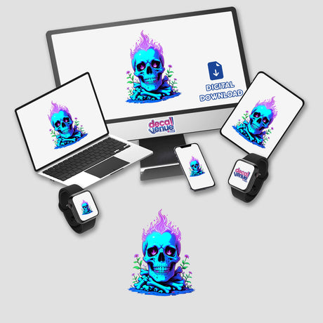 A Skull And Bones On Fire sticker design featuring a skull engulfed in purple flames, ideal for embellishing laptops or digital displays, exemplifying bold and edgy artwork.