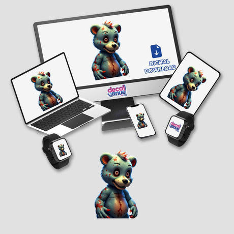 A Macabre Scary Bear cartoon displayed on a computer monitor and laptop, available as stickers or digital artwork from Decal Venue.