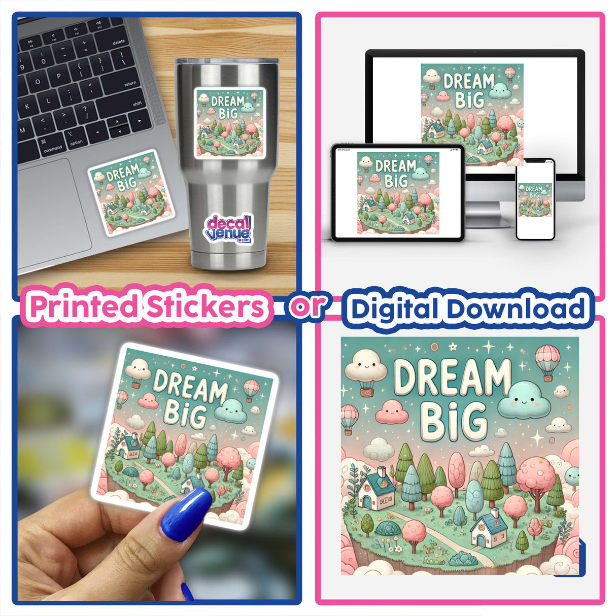 Dream Big Dreamcore Naive Sticker or Clipart featuring uplifting whimsical art; ideal for decals or digital use with commercial rights, reflecting Decal Venue's unique vinyl aesthetic.