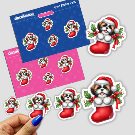 Peeking Santa Shih Tzu Dog in Christmas Stocking stickers, featuring festive dogs with Santa hats and holly leaves, available as unique stickers or digital artwork from Decal Venue.