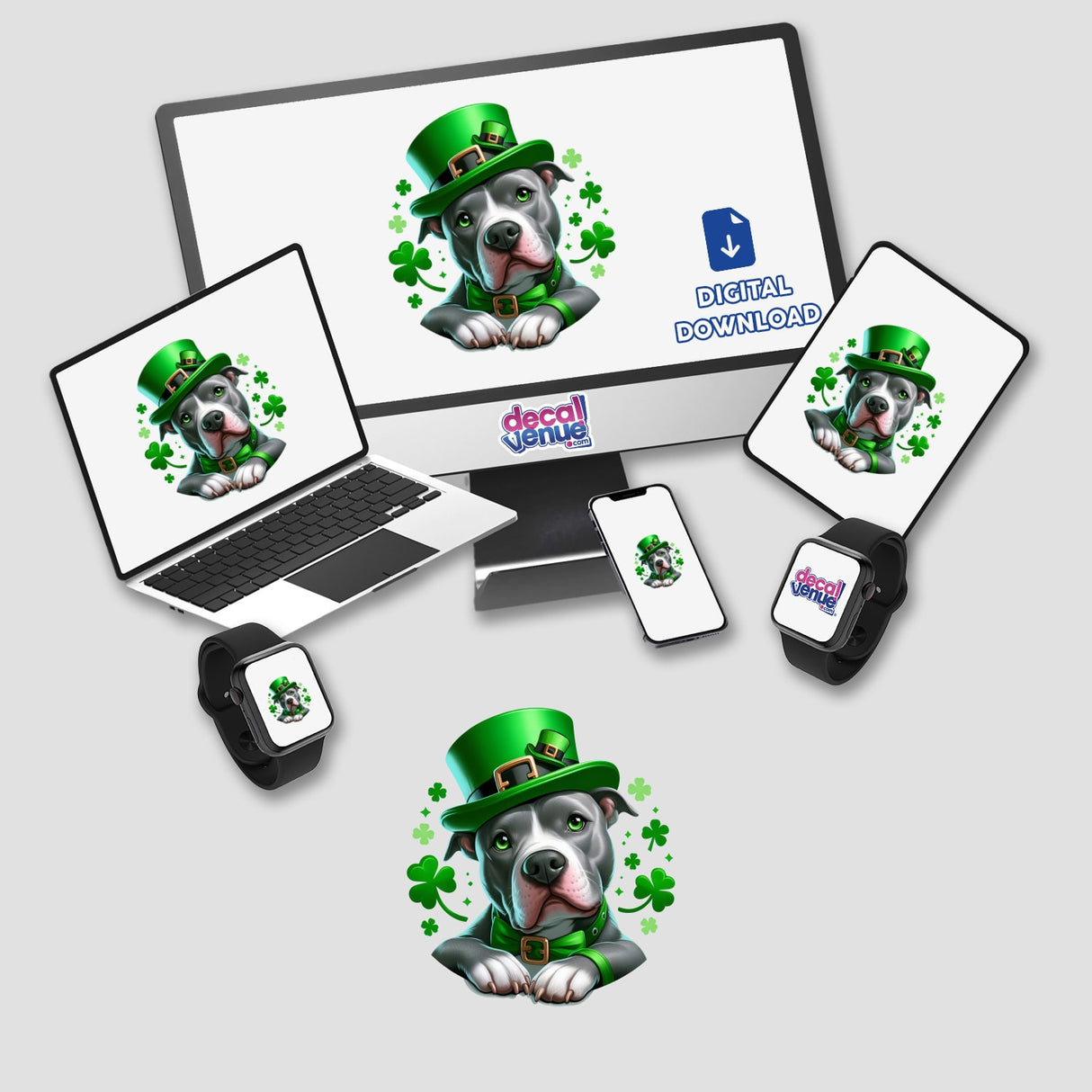 Sitting Pretty Irish Clovers Pitbull Leprechaun digital artwork features a cartoon dog wearing a green hat on screens and devices, available as stickers or digital art from Decal Venue.