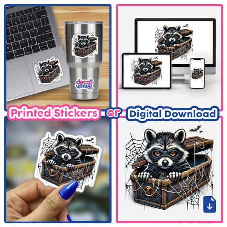 Spooky Halloween raccoon peering out of a wooden coffin surrounded by cobwebs, available as printed stickers or digital download artwork from Decal Venue.