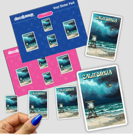 Hand holding 'California' stickers featuring a beach scene, available as unique vinyl stickers or digital artwork.