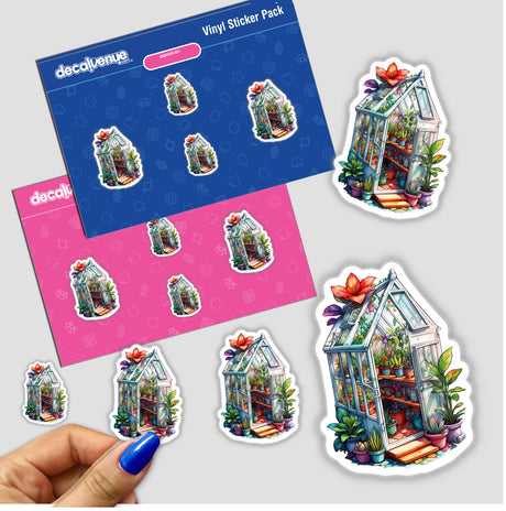Greenhouse Garden Sticker featuring a cartoon greenhouse with fresh plants and blooming flowers, held in a hand. Available as stickers or digital artwork.