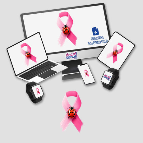 Ladybug Pink Ribbon Breast Cancer design on various screens, featuring a ladybug on a pink ribbon. Available as stickers or digital artwork, capturing the essence of Decal Venue's unique offerings.