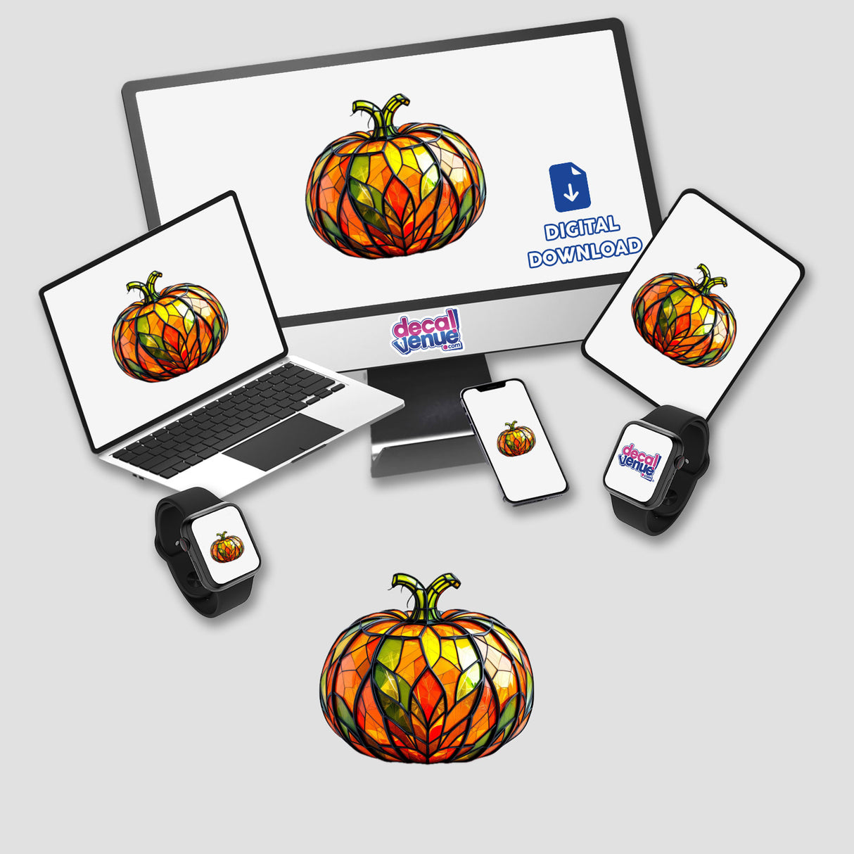 Pumpkin Stained Glass Style: Laptop screen displaying a colorful pumpkin, accompanied by smart watches. Available as stickers or digital artwork, embodying Decal Venue’s unique flair in digital art and stickers.