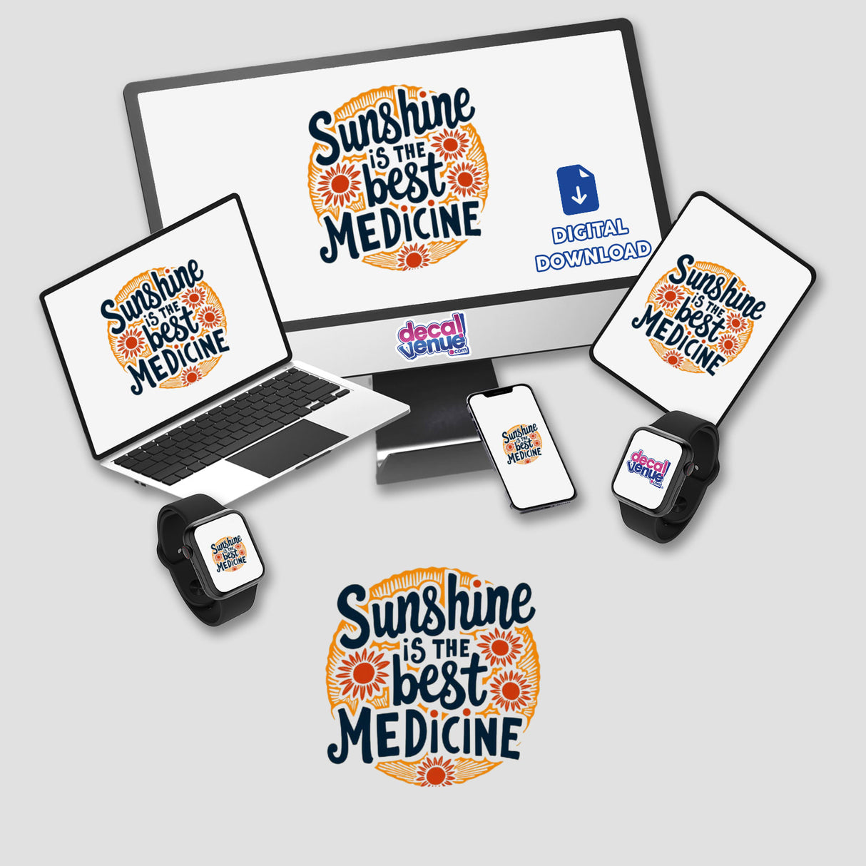 Sunshine is the Best Medicine Digital Clipart | Retro Sunflower Sticker or Commercial Rights Download; displayed on a computer monitor, laptop, and phone, featuring a sunflower and motivational text.