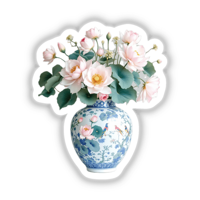 Chinoiserie Vase with Lotus Flowers, featuring intricate floral and bird designs, available as stickers or digital artwork from Decal Venue.