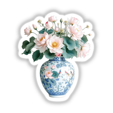 Chinoiserie Vase with Lotus Flowers, featuring intricate floral and bird designs, available as stickers or digital artwork from Decal Venue.