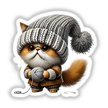 Persian Cat Gnome Holding Ball of Yarn: A cartoon cat wearing a knitted hat and sweater, holding a ball of yarn. Available as stickers or digital artwork.