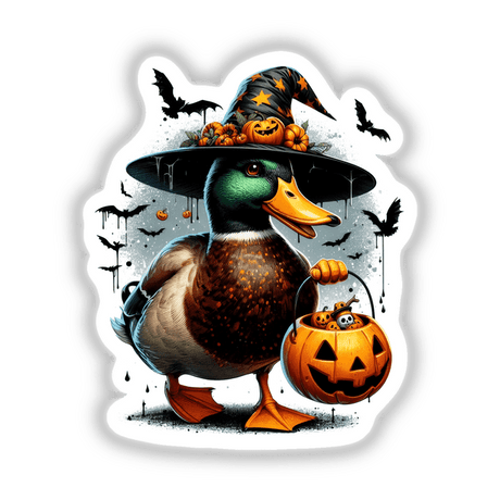Halloween Mallard Duck Witch II: A cartoon duck wearing a wizard hat and holding a pumpkin basket, available as stickers or digital artwork.
