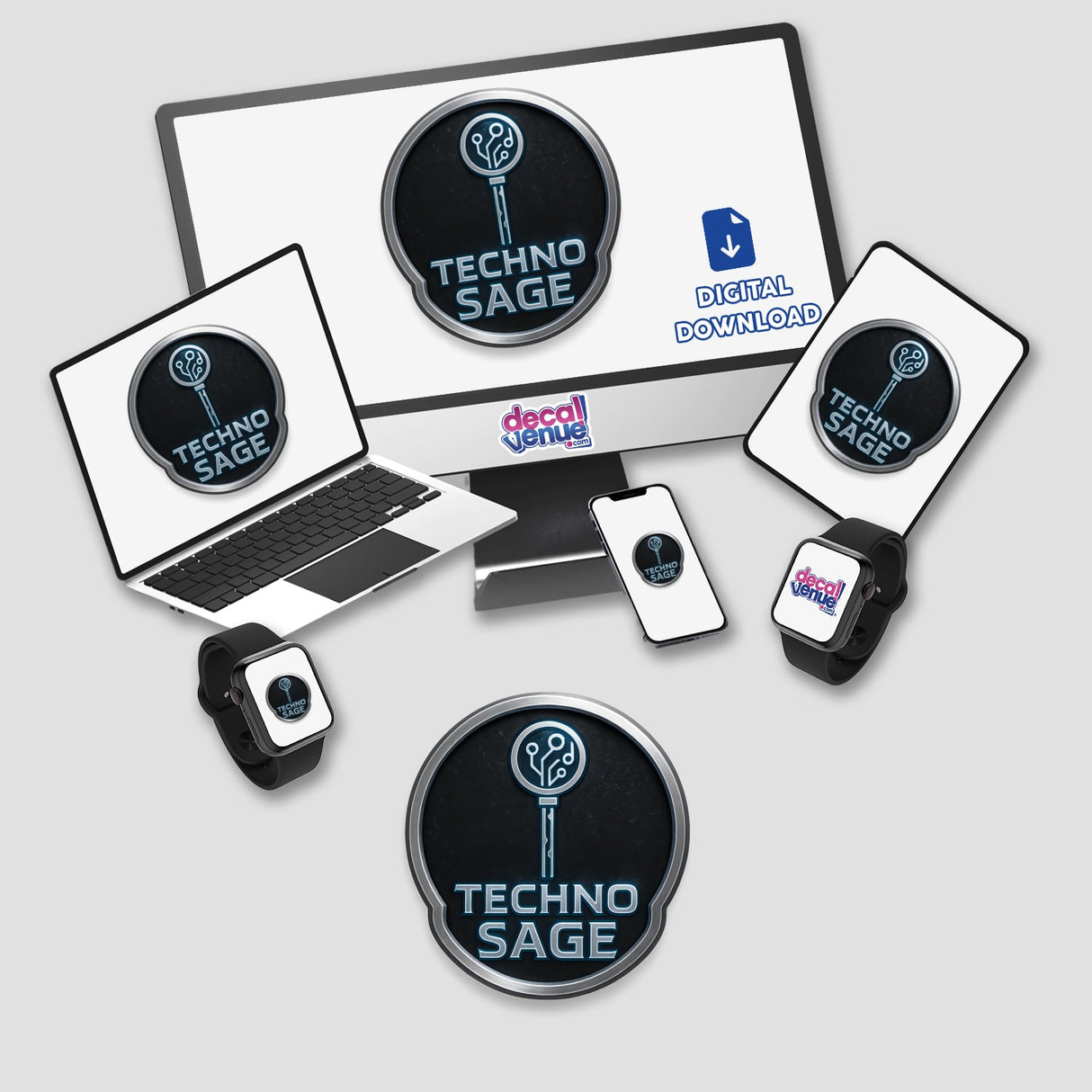 Techno Sage – RPG-Style Skill Badge, featuring a silver and blue circuit crest, available as stickers or digital artwork, embodying Decal Venue's unique vinyl and digital art style.
