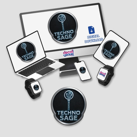 Techno Sage – RPG-Style Skill Badge, featuring a silver and blue circuit crest, available as stickers or digital artwork, embodying Decal Venue's unique vinyl and digital art style.