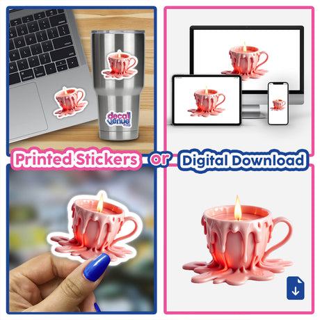 Teacup Dripping Candle Wax: A collage featuring a pink candle in a cup, available as stickers or digital artwork, capturing the unique essence of Decal Venue's offerings.