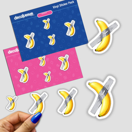 Funny Banana Taped Art stickers feature bananas humorously secured with tape, showcasing quirky design. Available as stickers or digital artwork, perfect for adding a playful touch to any surface.