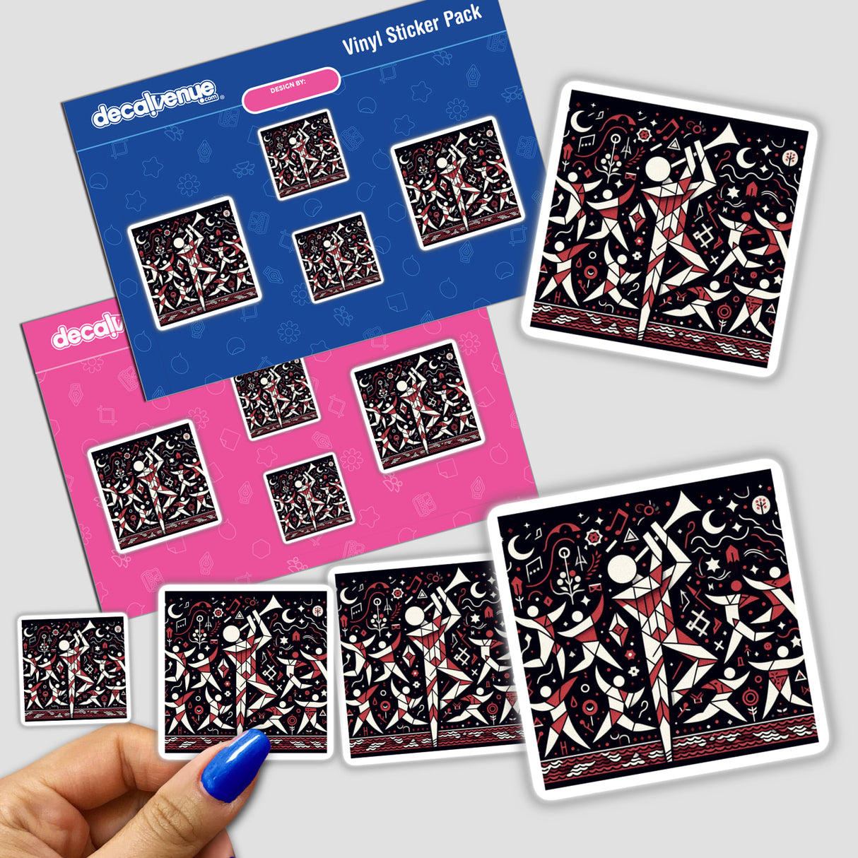Hand holding an 'Abstract Band' sticker pack featuring graphic designs of a man playing trumpet and people dancing.