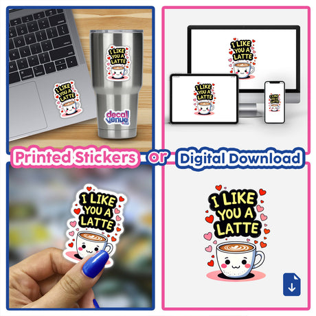 Collage featuring a laptop with an I Like You A Latte Funny Love Quote sticker, highlighting the playful design available as stickers or digital artwork from Decal Venue.