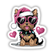Christmas Santa Pink Yorkie Dog in Lights: A whimsical cartoon of a dog sporting a Santa hat and pink heart-shaped sunglasses, perfect as unique stickers or digital artwork from Decal Venue.
