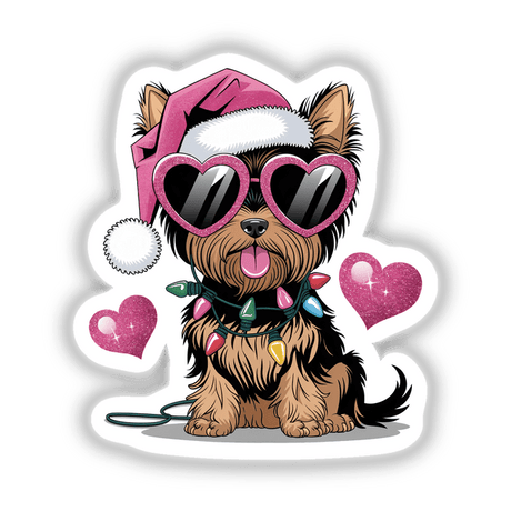 Christmas Santa Pink Yorkie Dog in Lights: A whimsical cartoon of a dog sporting a Santa hat and pink heart-shaped sunglasses, perfect as unique stickers or digital artwork from Decal Venue.