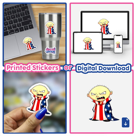Collage featuring A Funny Guy With An American Flag cartoon character on a laptop, highlighting available sticker and digital artwork formats from Decal Venue's unique collection.