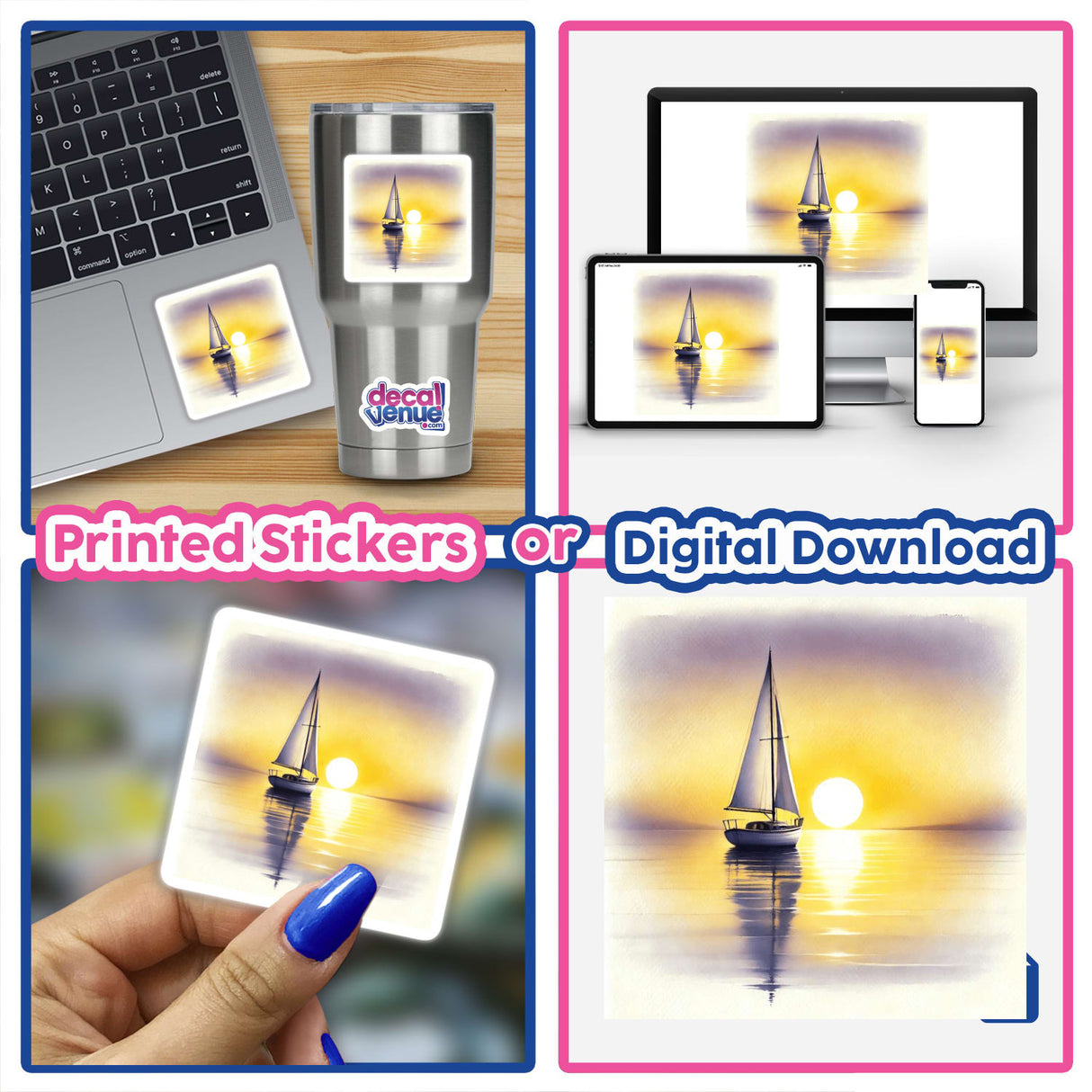 Collage of Serene Sailboat at Sunrise - Minimalist Boho Watercolor on a laptop screen, featuring a sailboat on water; available as stickers or digital artwork.