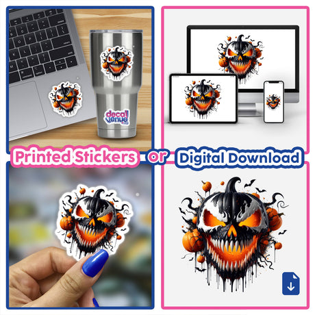 Collage of a Spooky Evil Pumpkin Face sticker on a laptop, featuring a close-up of a finger, a scary pumpkin decal, and a skull graphic on a computer screen.