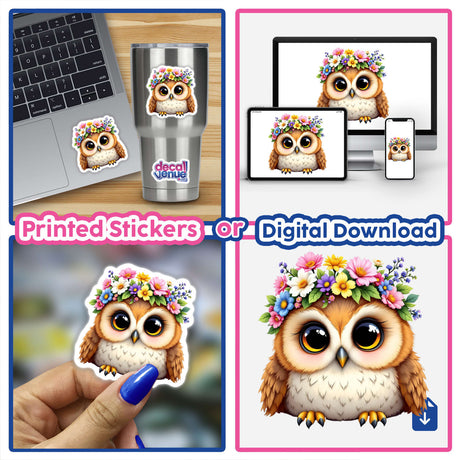 Whimsical Owl with a Spring Flower Crown sticker held by a hand, showcasing a cartoon owl adorned with flowers, ideal for decorating laptops and cups.