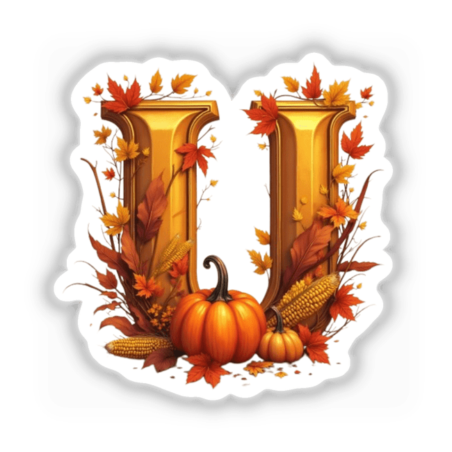 Fall Aesthetic Letter U Clipart | Stickers or Download with Commercial Rights; features pumpkins, leaves, and corn, capturing a vibrant autumn theme ideal for seasonal projects.