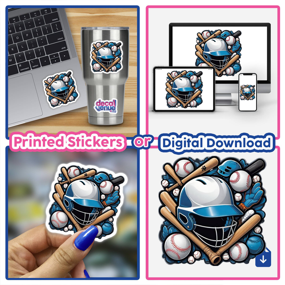 Colorful baseball collage artwork featuring a baseball helmet, bats, and balls displayed on various products and screens, available as printed stickers or digital downloads.