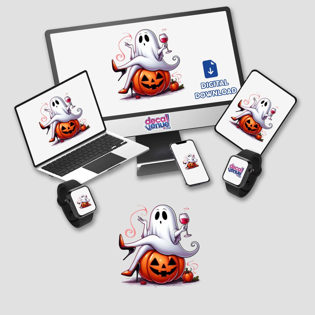 Tipsy Wine Drinking Halloween Ghost Stiletto Lady on laptop and monitor screens, featuring a cartoon ghost sitting on a pumpkin. Available as stickers or digital artwork.