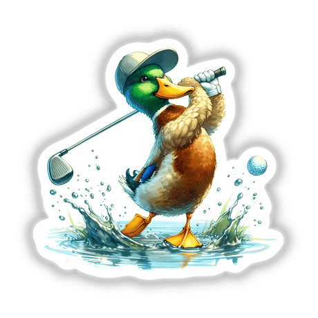 Cartoon of a mallard duck golfing, wearing a hat and holding a golf club. Available as stickers or digital artwork from Decal Venue.