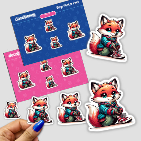 Fashionable Fox sticker showing a cartoon fox wearing a sweater and scarf, ideal for unique decoration or digital art from Decal Venue.