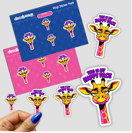 Sticker pack titled This Is My Happy Face Cute Grumpy Giraffe, featuring cartoon giraffes with various expressions. Available as both stickers and digital artwork.