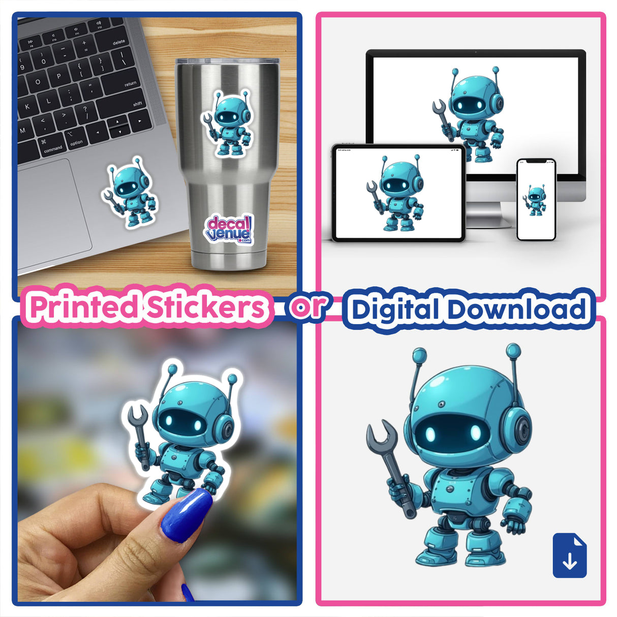 Chibi Robot Helper Sticker - Cute Robot Mechanic Decal Clipart featuring a cartoon robot holding a wrench, ideal for decorating laptops or cups.