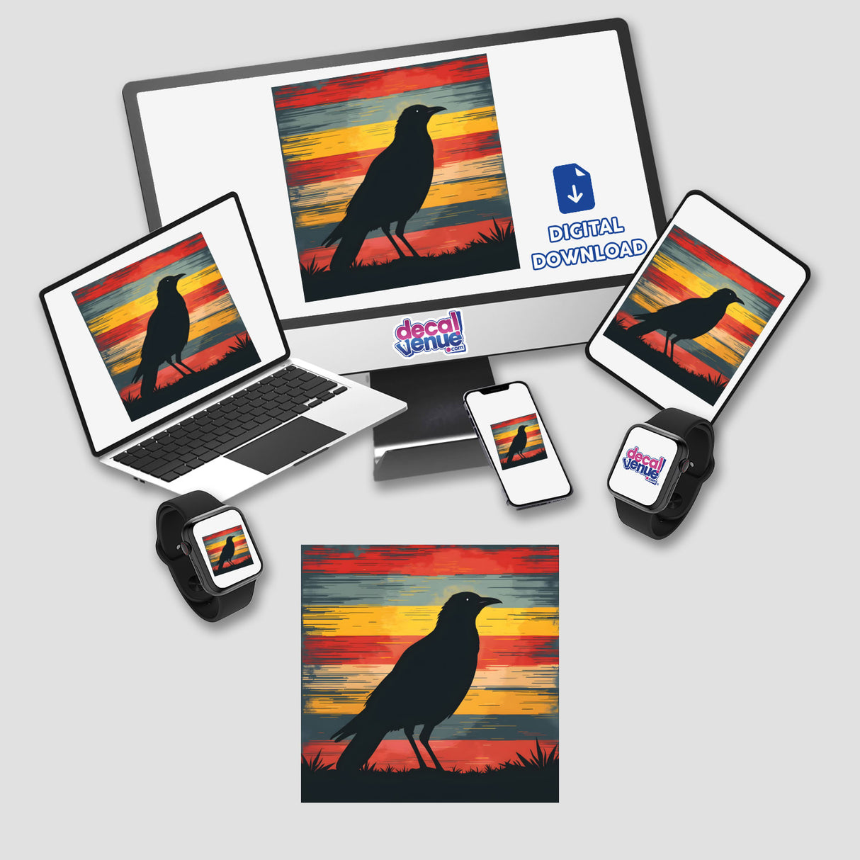 Bird Silhouette with Vibrant Stripes featured on a laptop screen, tablet, and phone, available as stickers or digital artwork from Decal Venue.
