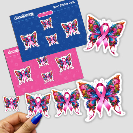 Butterfly Pink Ribbon Breast Cancer Awareness stickers featuring butterflies with pink ribbons, available as unique vinyl stickers or digital artwork from Decal Venue.
