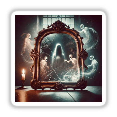Cursed Mirror - Reflections of Ghostly Figures: Artistic depiction of a mirror with ghostly apparitions, available as stickers or digital artwork, featuring eerie spirits with open mouths and candlelit ambiance.