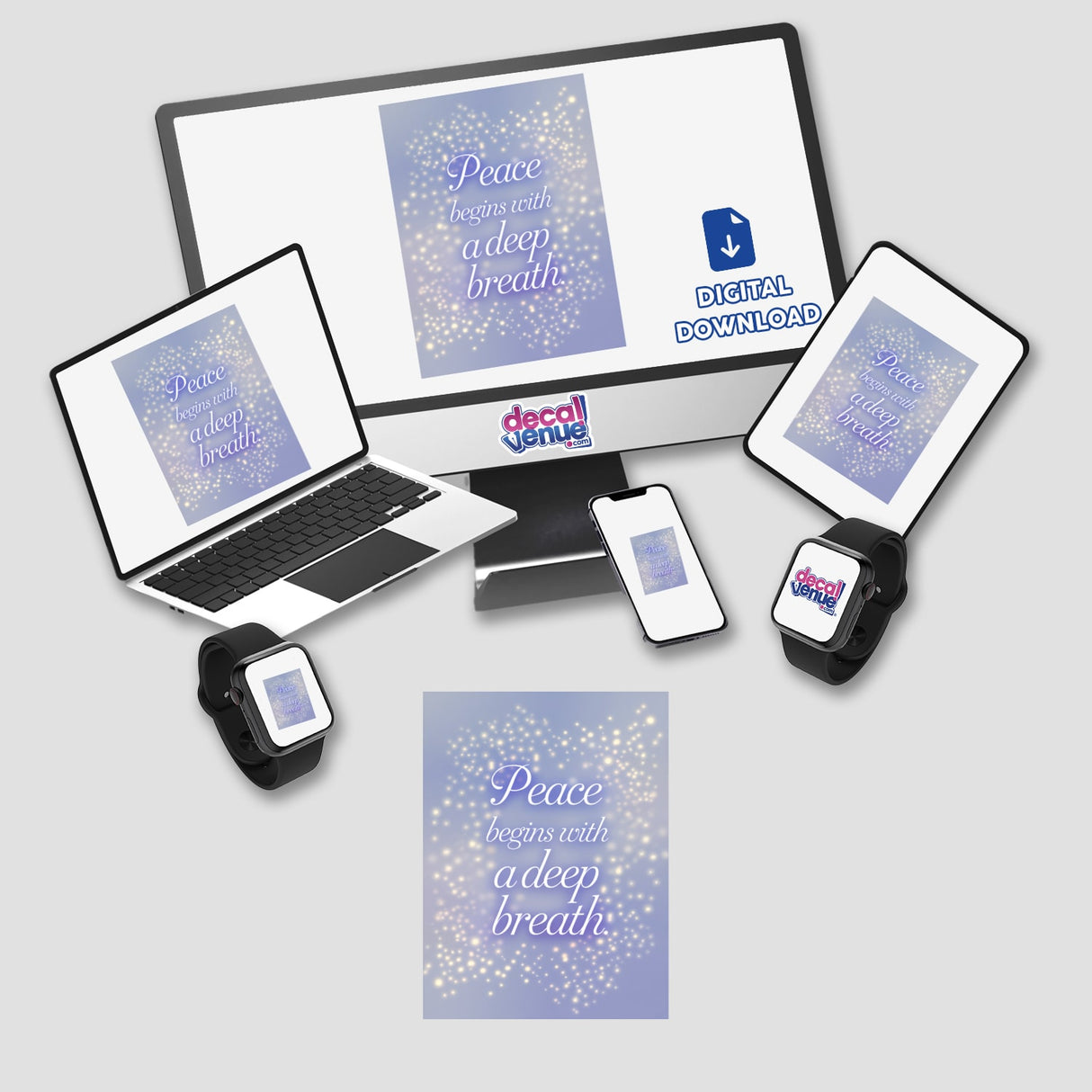 Peace begins with a deep breath: A laptop and monitor display serene digital artwork, with a phone nearby, available as stickers or digital art from Decal Venue.