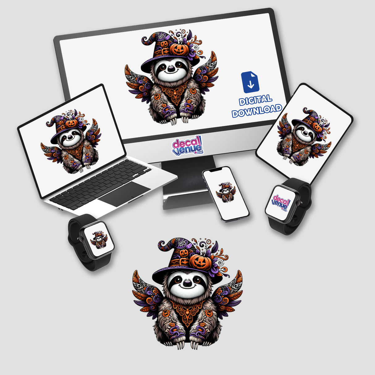 Whimsical Halloween sloth in witch hat and wings on digital devices, Decal Venue art and stickers