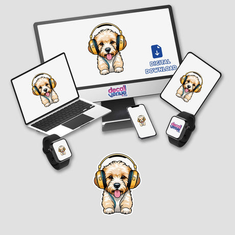 Goldendoodle dog wearing headphones