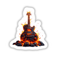Molten Lava Guitar design featuring a guitar engulfed in flames amid rocks, offered as stickers or digital art, embodying DecalVenue's unique style for music and art enthusiasts.
