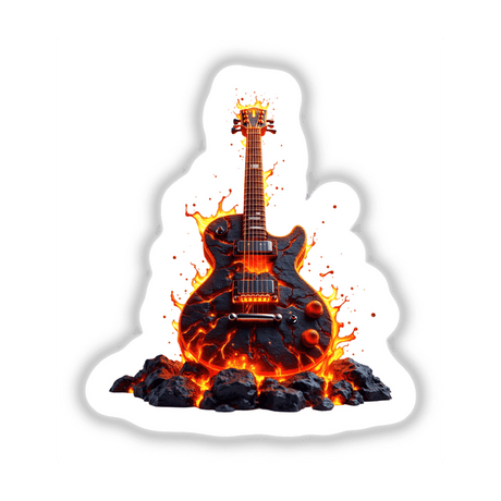 Molten Lava Guitar design featuring a guitar engulfed in flames amid rocks, offered as stickers or digital art, embodying DecalVenue's unique style for music and art enthusiasts.