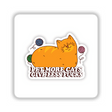 Cartoon cat surrounded by yarn balls with text Pet More Cats Give Less Fu**s, available as unique stickers or digital artwork from Decal Venue.