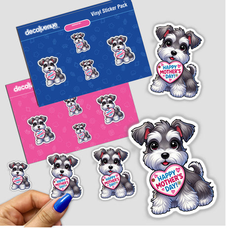Mother’s Day Schnauzer sticker or digital artwork featuring a cute pup holding a heart sign with a love message, perfect for unique gifting or decoration.