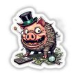 Porco Cofre sticker: A cartoon pig wearing a top hat, holding money, with a calculator and magnifying glass nearby. Available as stickers or digital artwork.
