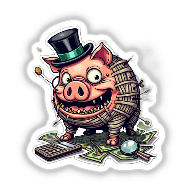 Porco Cofre sticker: A cartoon pig wearing a top hat, holding money, with a calculator and magnifying glass nearby. Available as stickers or digital artwork.