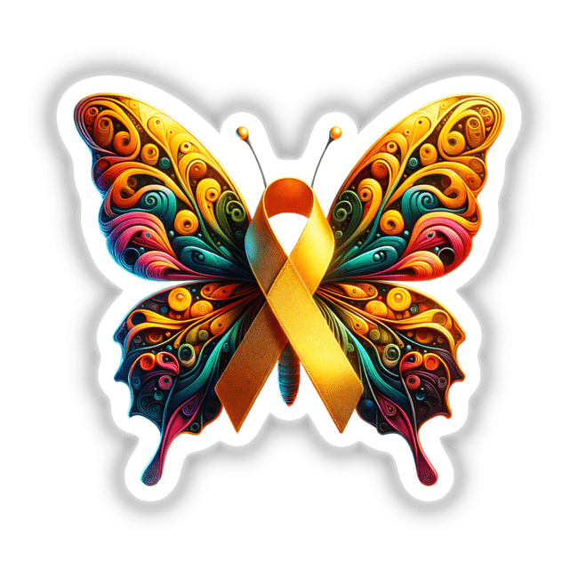 Butterfly Yellow Awareness Ribbon sticker, featuring a vibrant butterfly intertwined with a yellow ribbon, available as a digital artwork or sticker from Decal Venue's unique collection.