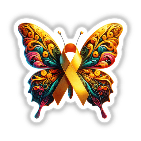 Butterfly Yellow Awareness Ribbon sticker, featuring a vibrant butterfly intertwined with a yellow ribbon, available as a digital artwork or sticker from Decal Venue's unique collection.