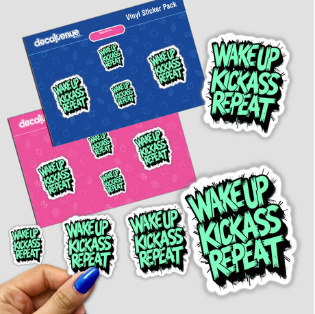 Wake Up Kick Ass Repeat Funny Quote sticker featuring bold text design, captured close-up with a hand holding and writing on it, available as both a sticker and digital artwork.